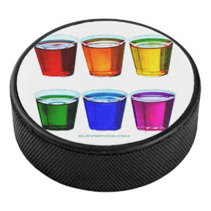 SlipperyJoe's shot glasses six cups arranged horiz Hockey Puck