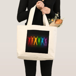 Slipperyjoe's six standing silhouettes arms raised large tote bag