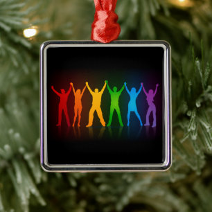 Slipperyjoe's six standing silhouettes arms raised metal tree decoration