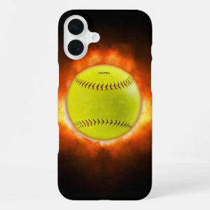 SlipperyJoe's softball on fire flames fireball ras iPhone 16 Plus Case