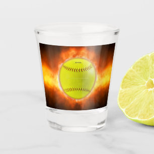 SlipperyJoe's softball on fire flames fireball ras Shot Glass