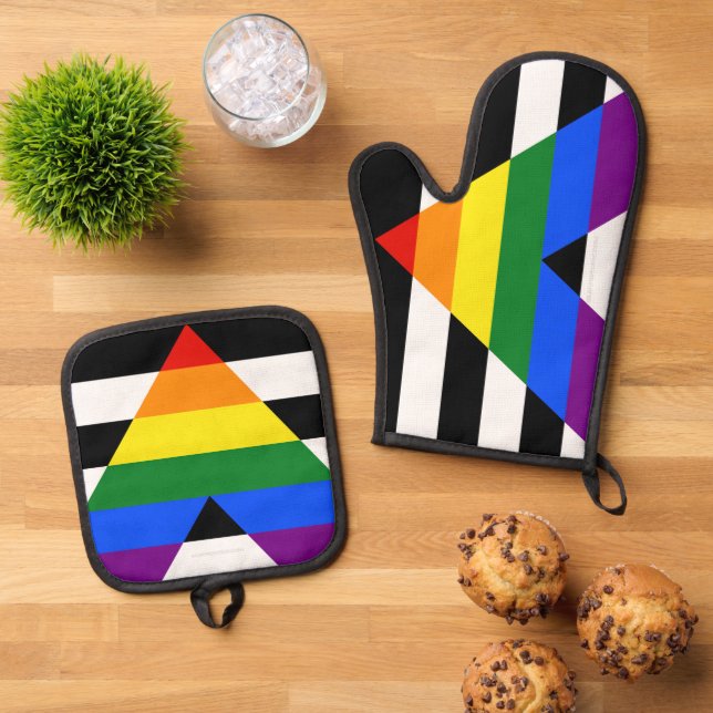 SlipperyJoe's straight ally flag smooth rainbow gr Oven Mitt & Pot Holder Set (Top Down)