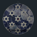 SlipperyJoe's strong Hanukkah vibe Star of David m Dartboard<br><div class="desc">SlipperyJoe's strong Hanukkah vibe Star of David motif symbol symbolising Jewish identity and tradition artistic subtle silvery-grey tone deep midnight-blue background traditional colours associated Hebrew celebrations religious light shining into darkness digital stained glass effect repeated clean geometric patterns creates rhythm and unity elegant contemporary abstract symbolism</div>