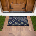 SlipperyJoe's strong Hanukkah vibe Star of David m Doormat<br><div class="desc">SlipperyJoe's strong Hanukkah vibe Star of David motif symbol symbolising Jewish identity and tradition artistic subtle silvery-grey tone deep midnight-blue background traditional colours associated Hebrew celebrations religious light shining into darkness digital stained glass effect repeated clean geometric patterns creates rhythm and unity elegant contemporary abstract symbolism</div>
