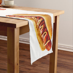 SlipperyJoe's summer BBQ vibe hot dog nestled soft Short Table Runner