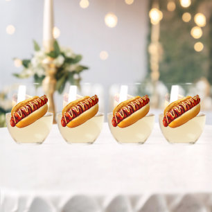 SlipperyJoe's summer BBQ vibe hot dog nestled soft Stemless Wine Glass