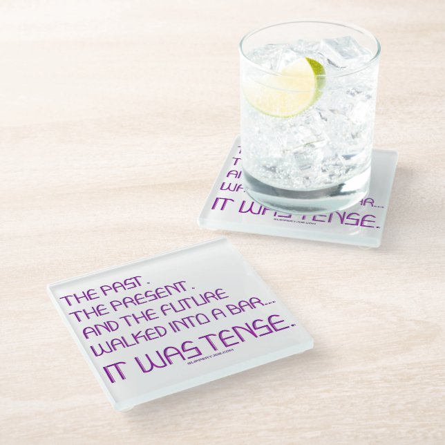 SlipperyJoe's tense word past future purple funny  Glass Coaster (Angled)