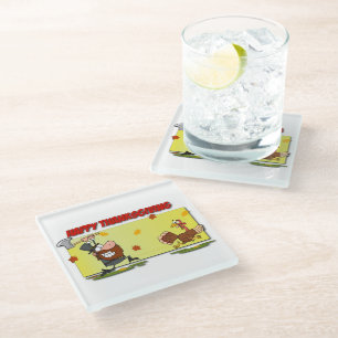 SlipperyJoe's Thanksgiving funny leaves pilgrim ru Glass Coaster