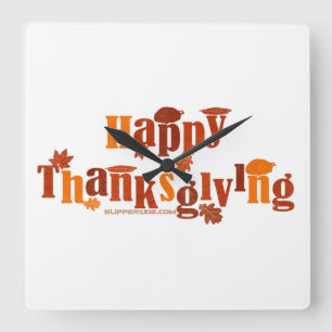 SlipperyJoe's Thanksgiving leaves brown orange pie Square Wall Clock