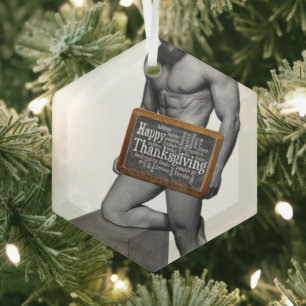 SlipperyJoe's Thanksgiving man hot six-pack abs un Glass Tree Decoration