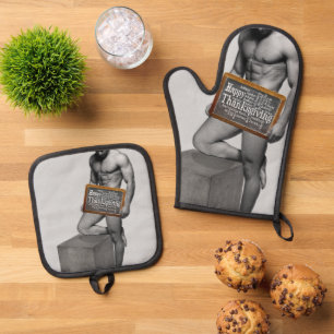 SlipperyJoe's Thanksgiving tradition muscular male Oven Mitt & Pot Holder Set