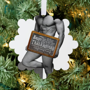 SlipperyJoe's Thanksgiving tradition muscular male Tree Decoration Card