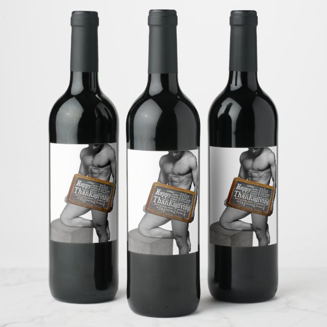 SlipperyJoe's Thanksgiving tradition muscular male Wine Label (Bottles)