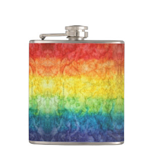SlipperyJoe's tie-dyed flag rainbow pressed into s Hip Flask