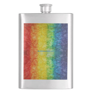 SlipperyJoe's tie-dyed flag rainbow pressed into s Hip Flask