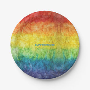SlipperyJoe's tie-dyed flag rainbow pressed into s Paper Plate