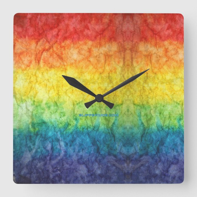SlipperyJoe's tie-dyed flag rainbow pressed into s Square Wall Clock (Front)