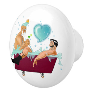 SlipperyJoe's two gay men love cartoon bathtub soa Ceramic Knob