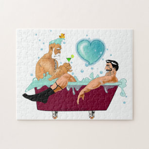 SlipperyJoe's two gay men love cartoon bathtub soa Jigsaw Puzzle