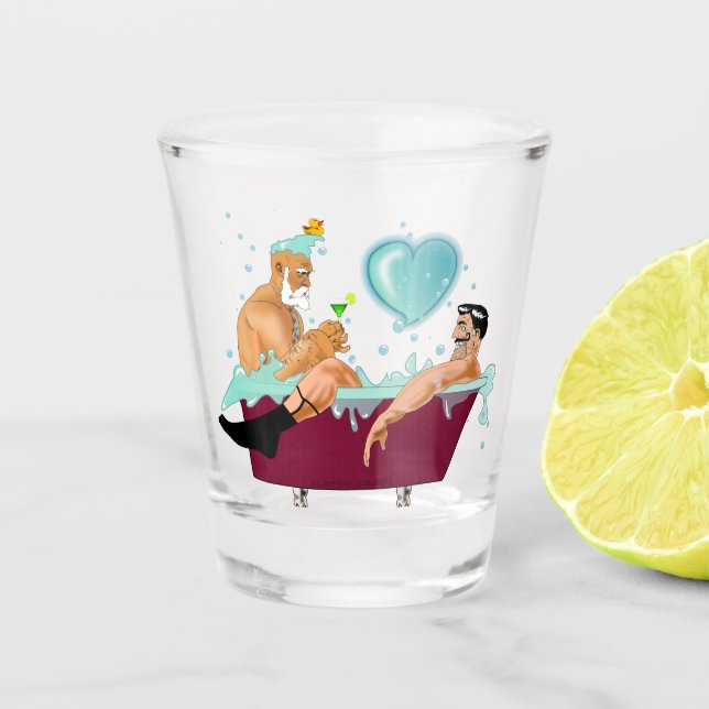 SlipperyJoe's two gay men love cartoon bathtub soa Shot Glass (Front)