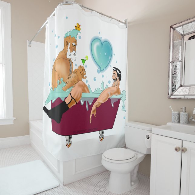 SlipperyJoe's two gay men love cartoon bathtub soa Shower Curtain (In Situ)