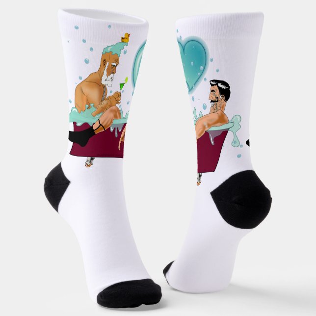 SlipperyJoe's two gay men love cartoon bathtub soa Socks (Angled)