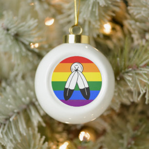 SlipperyJoe's two-spirit pride flag Indigenous sym Ceramic Ball Christmas Ornament
