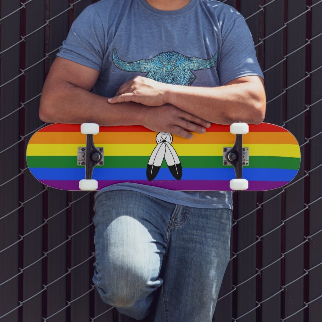 SlipperyJoe's two-spirit pride flag Indigenous sym Skateboard (Outdoor 3)