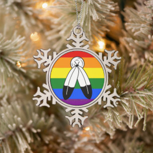 SlipperyJoe's two-spirit pride flag Indigenous sym Snowflake Pewter Christmas Ornament