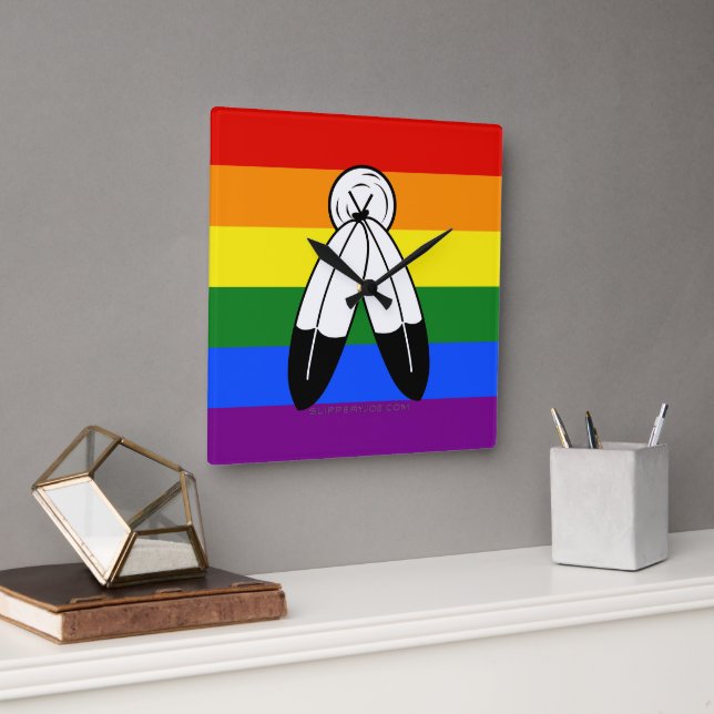 SlipperyJoe's two-spirit pride flag Indigenous sym Square Wall Clock (Office)