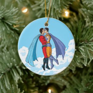 Slipperyjoe's two superheroes kissing characters f ceramic tree decoration