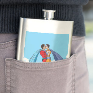 Slipperyjoe's two superheroes kissing characters f hip flask