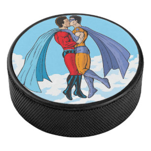 Slipperyjoe's two superheroes kissing characters f hockey puck