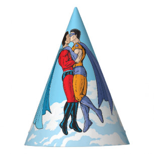 Slipperyjoe's two superheroes kissing characters f party hat