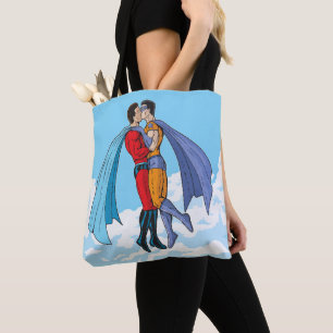 Slipperyjoe's two superheroes kissing characters f tote bag