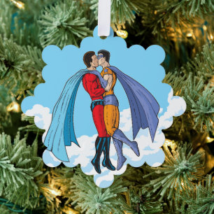 Slipperyjoe's two superheroes kissing characters f tree decoration card