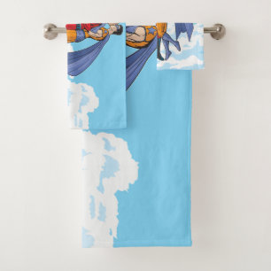 SlipperyJoe's two superheroes kissing flying carto Bath Towel Set