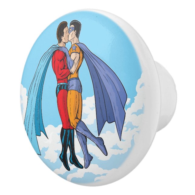 SlipperyJoe's two superheroes kissing flying carto Ceramic Knob (Right)
