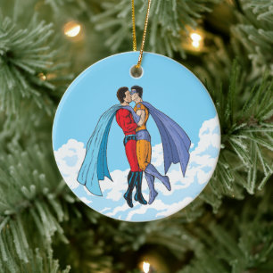 SlipperyJoe's two superheroes kissing flying carto Ceramic Tree Decoration