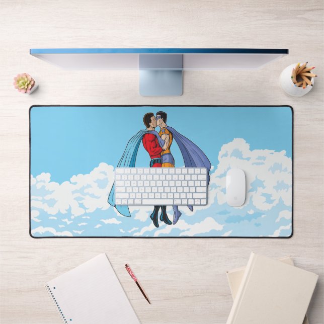 SlipperyJoe's two superheroes kissing flying carto Desk Mat (Office 1)