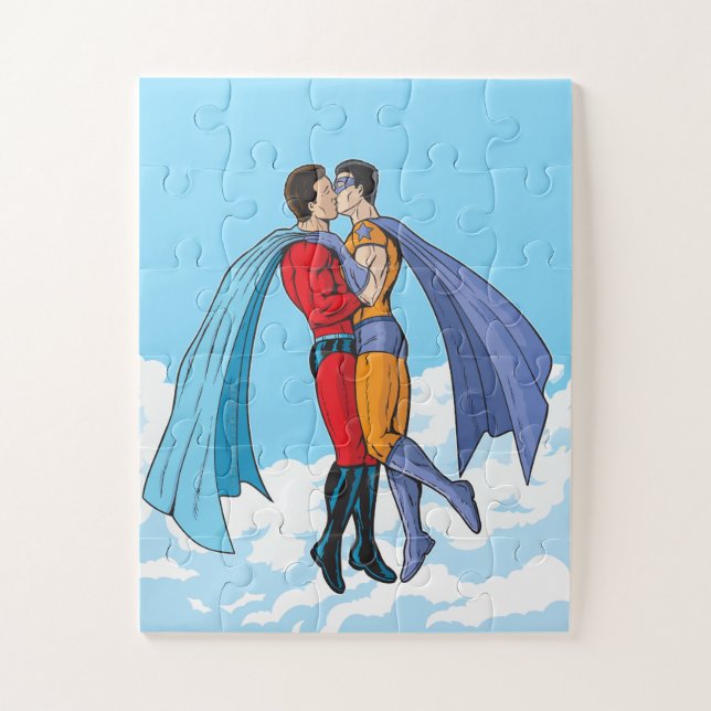 SlipperyJoe's two superheroes kissing flying carto Jigsaw Puzzle (Vertical)