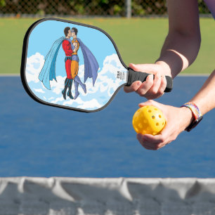 SlipperyJoe's two superheroes kissing flying carto Pickleball Paddle