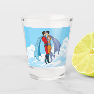 SlipperyJoe's two superheroes kissing flying carto Shot Glass