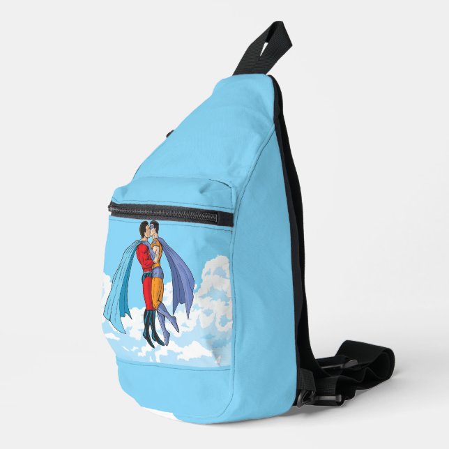 SlipperyJoe's two superheroes kissing flying carto Sling Bag (Right Corner)