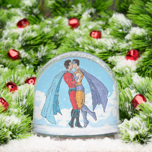 SlipperyJoe's two superheroes kissing flying carto Snowglobe