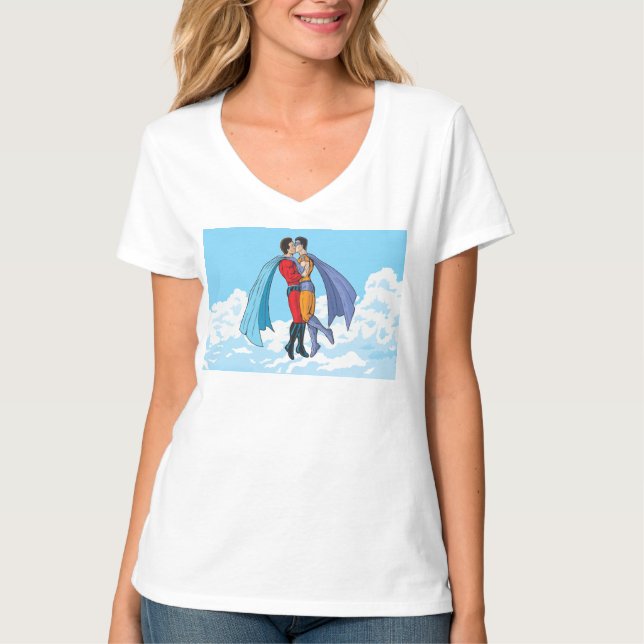 SlipperyJoe's two superheroes kissing flying carto T-Shirt (Front)