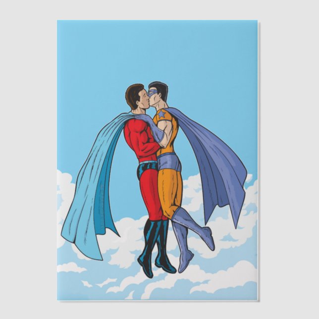 SlipperyJoe's two superheroes kissing flying carto Vellum Invitations (Front)