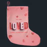 SlipperyJoe's Valentine's Day gifts romantic tone  Small Christmas Stocking<br><div class="desc">SlipperyJoe's Valentine's Day gifts romantic tone scattered heart shapes expressing love appreciation uplifting inclusive and affectionate tone vibrant celebratory graphic warmth affection soft pink canvas background you are loved text LGBTQIA white letters red outlines shadow artistic three-dimensional standout effect playful 3D-elements bold typography</div>