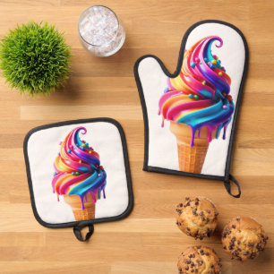 SlipperyJoe's vibrant ice cream cone food classic Oven Mitt & Pot Holder Set