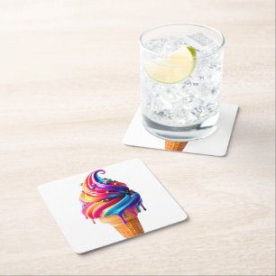 SlipperyJoe's vibrant ice cream cone food classic Square Paper Coaster